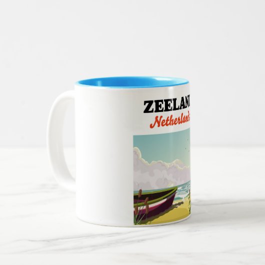 Zeeuwse strandreisposter tweekleurige koffiemok (Voorkant links)