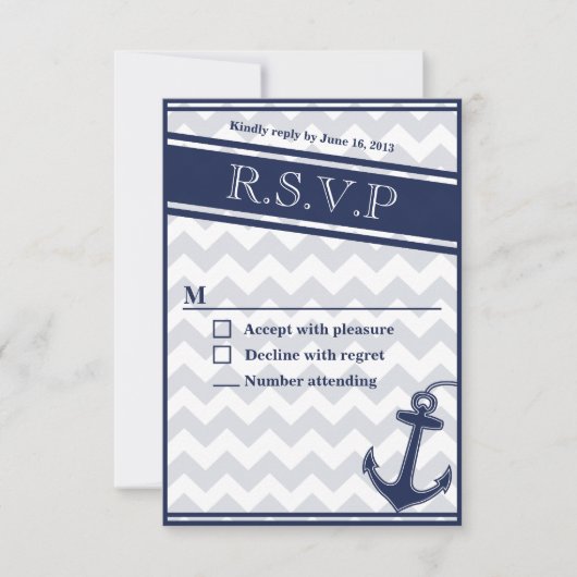 Zeevaart chevron marineblauwe Rsvp- uitnodiging (Voorkant)