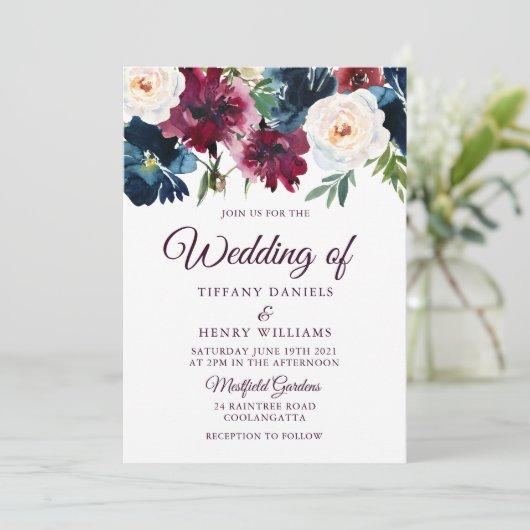 Zeevaart en bruine rode wijnbloemen legant huwelij kaart (Staand voorkant)