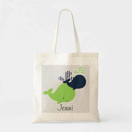 Zeevaart en groene walvissen op Chevron Stripe Cus Tote Bag (Voorkant)
