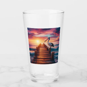 Zeevaart/kust/strand pelikaan zonsondergang glas