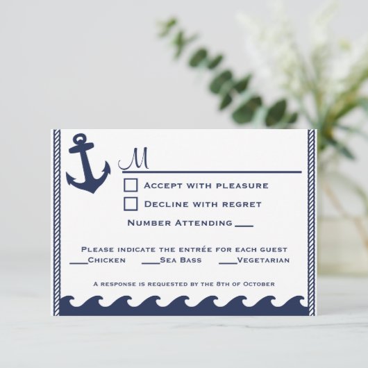 Zeevaart marineblauwe en witte rsvp 3 menukeus (Staand voorkant)