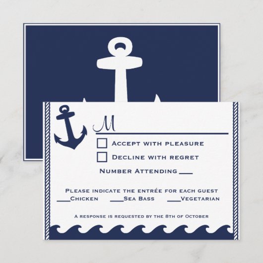 Zeevaart marineblauwe en witte rsvp 3 menukeus (Voorkant / Achterkant)