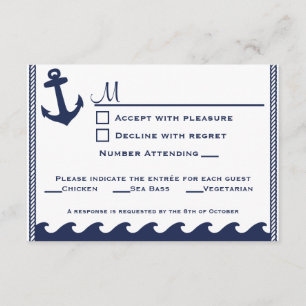 Zeevaart marineblauwe en witte rsvp 3 menukeus kaartje