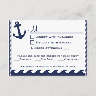 Zeevaart marineblauwe en witte rsvp 3 menukeus kaartje