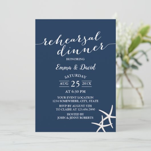 Zeevaartblauw Beach Wedding Starfish Rehearsal Din Kaart (Staand voorkant)