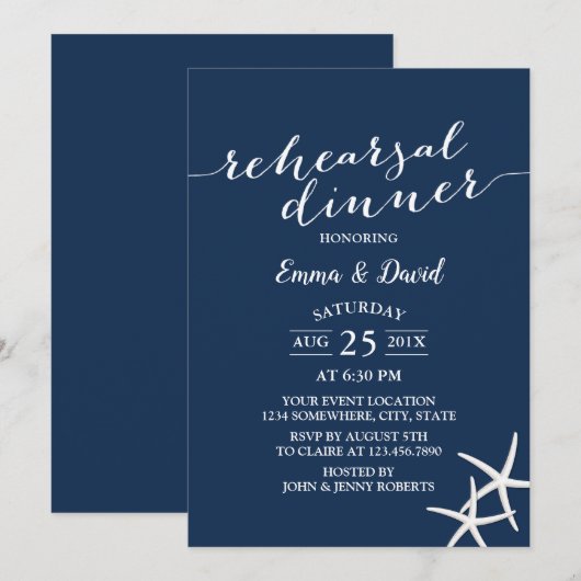 Zeevaartblauw Beach Wedding Starfish Rehearsal Din Kaart (Voorkant / Achterkant)