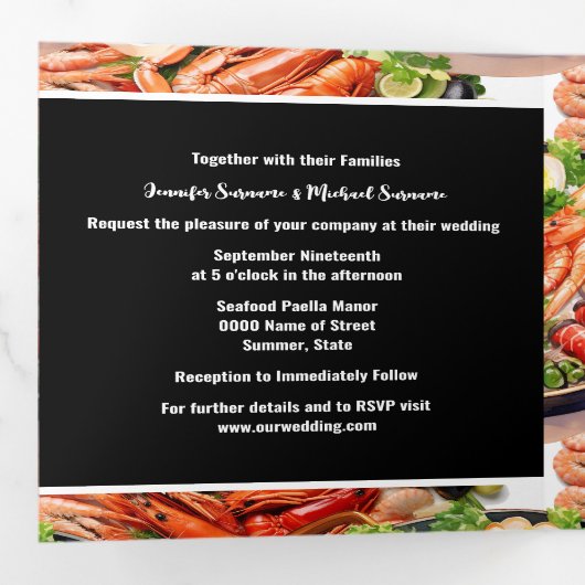 Zeevruchten broil paella diner repetitie feest drieluik uitnodiging (Binnenzijde eerst)