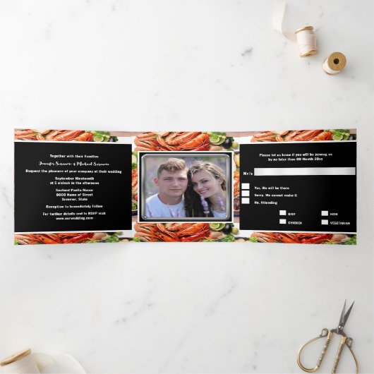 Zeevruchten broil paella diner repetitie feest drieluik uitnodiging (Binnen)