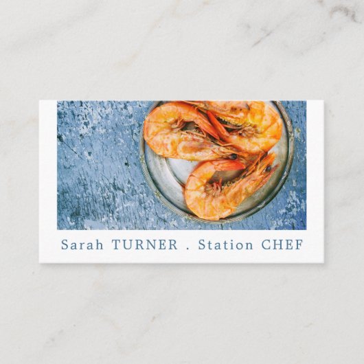 Zeevruchten garnalen, chef-kok, koken visitekaartje (Voorkant)