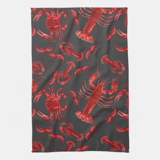 Zeevruchten Pattern Dark Gray Rustic Crawfish Lobs Theedoek (Verticaal)