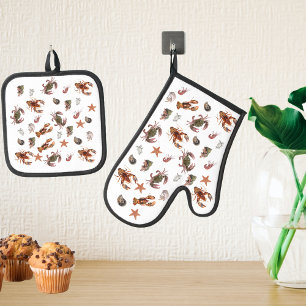 Zeevruchten Schaaldier Kreeft Krab Beach House Ovenwant & Pannenlap Set