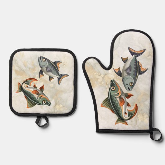 Zeevruchten Vis Nautisch Ovenwant & Pannenlap Set (Voorkant)