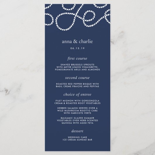 Zeewaardig Wedding Menu Kaart | Marineblauw (Voorkant)