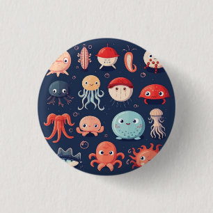 Zeewezens badge, speldje, knop, leuk ronde button 3,2 cm