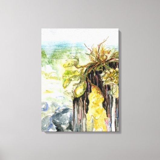 Zeewier en verdwijnend strand onder de regen canvas afdruk (Voorkant)