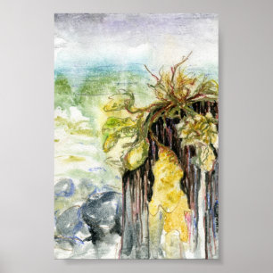 Zeewier en verdwijnend strand onder de regen poster