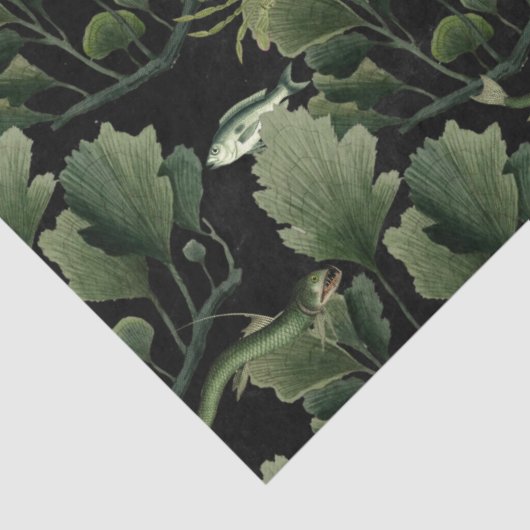 Zeewier en vis op zwarte ontkoppeling tissuepapier (Detail)