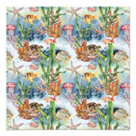 Zeewier: koraalrif vis kwal zeewier foto afdruk