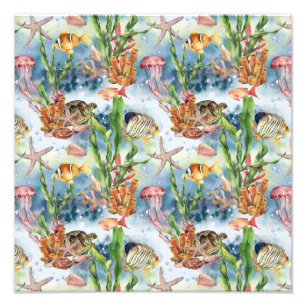 Zeewier: koraalrif vis kwal zeewier foto afdruk