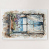 Zeezicht vanuit raam aquarel kustscene legpuzzel (Horizontaal)
