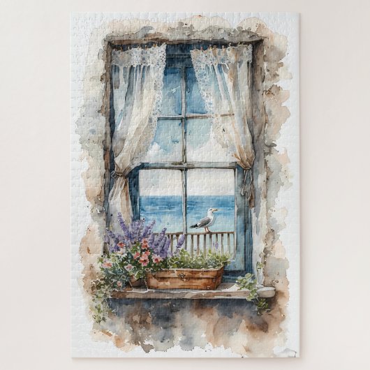 Zeezicht vanuit raam aquarel kustscene legpuzzel (Verticaal)
