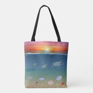 Zeezicht zonsopgang, zwemmende zeeschildpadden & s tote bag