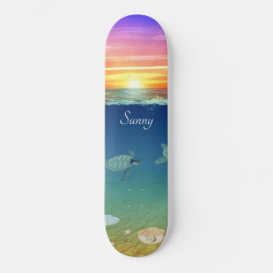 Zeezonsopgang, schildpad en schelpen van zee persoonlijk skateboard