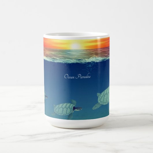 Zeezonsopgang, zeeen schildpadden en kalligrafie koffiemok (Center)