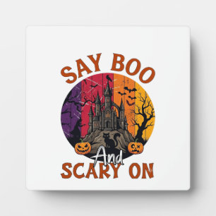 Zeg Boe Griezelen Halloween Spokenhuis Zwarte Kat Fotoplaat