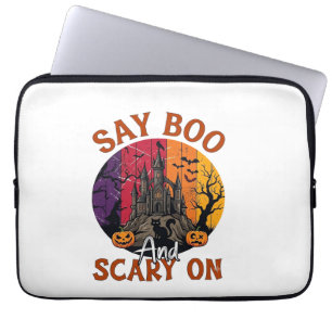 Zeg Boe Griezelen Halloween Spokenhuis Zwarte Kat Laptop Sleeve