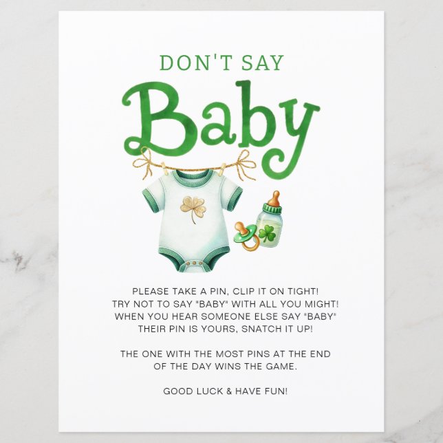 Zeg geen Baby Irish Baby shower Game Sign (Voorkant)