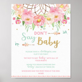 Zeg geen Baby shower Game Boho Dream Catcher Sign Poster