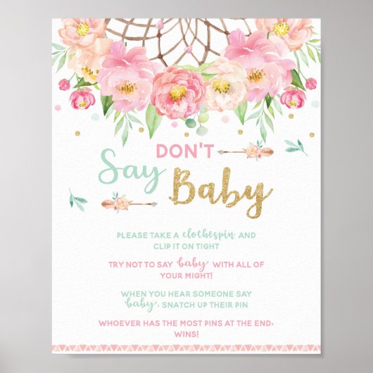 Zeg geen Baby shower Game Boho Dream Catcher Sign Poster (Voorkant)