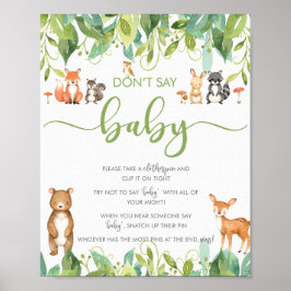 Zeg geen Baby shower Game Woodland Greenery Sign Poster