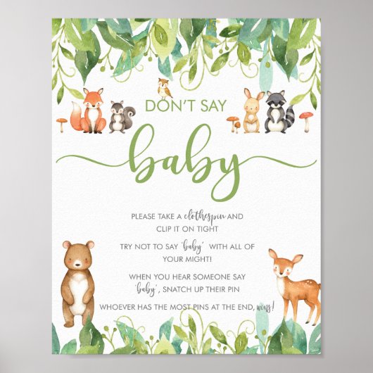 Zeg geen Baby shower Game Woodland Greenery Sign Poster (Voorkant)