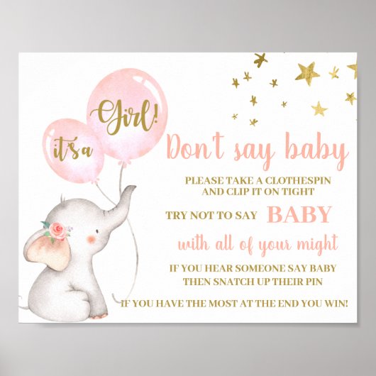 Zeg geen Baby shower Meisje roze Elephant-teken Poster (Voorkant)
