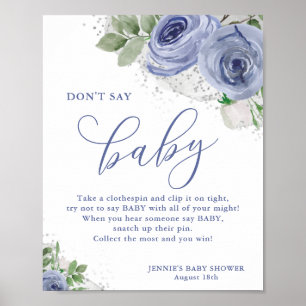 Zeg geen Babyblauw Silver Floral Baby shower Game Poster