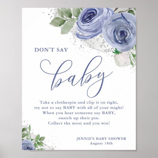 Zeg geen Babyblauw Silver Floral Baby shower Game Poster (Voorkant)
