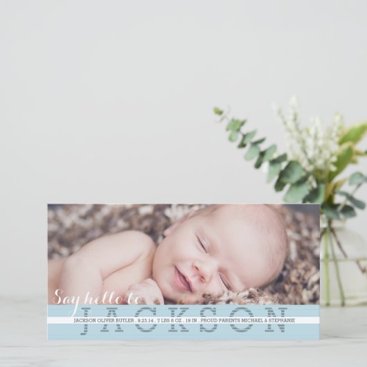 Zeg Hallo Baby Boy Aankondiging van de Foto (Staand voorkant)