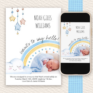 Zeg Hallo Foto Cute Rainbow Nursery Boy Birth Aankondiging