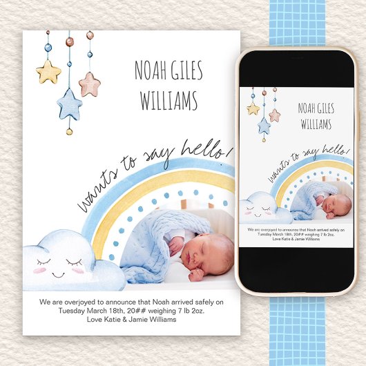 Zeg Hallo Foto Cute Rainbow Nursery Boy Birth Aankondiging