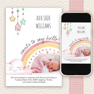 Zeg Hallo Foto Cute Rainbow Nursery Girl Birth Aankondiging