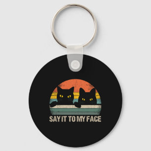 Zeg het tegen mijn gezicht zwarte kat retro stijl sleutelhanger