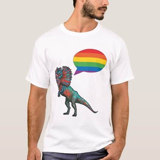 Zeg het! Zeg homo! LGBTQIA+ dinosaurus T-shirt (Voorkant)