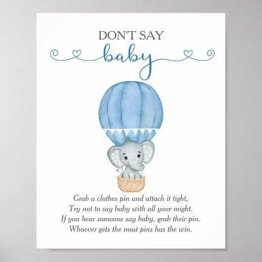 Zeg niet Baby Blue Elephant Baby shower Game Poster (Voorkant)