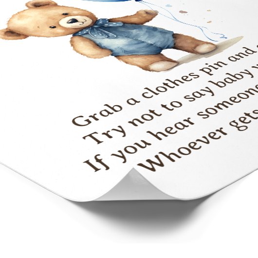 Zeg niet Baby Teddy Bear Baby Boy Shower Game Poster (Hoek)