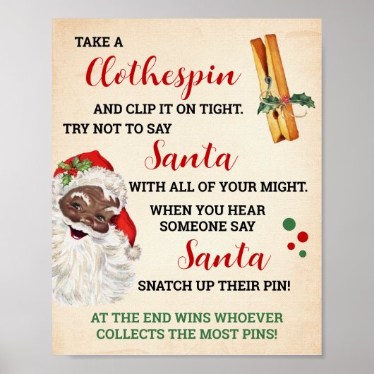 Zeg niet Santa Christmas Clothespin Game Sign Poster (Voorkant)