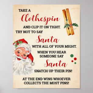 Zeg niet Santa Christmas Clothespin Game Sign Poster