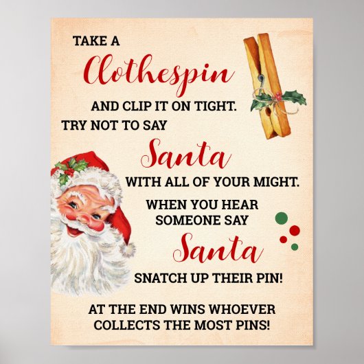 Zeg niet Santa Christmas Clothespin Game Sign Poster (Voorkant)